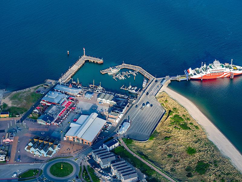 Aerial view of the port of List, Sylt, SyltExpress at the ferry terminal